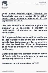 Cartel pegado por IU en el municipio con relación a los plenos