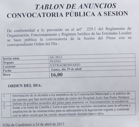 Anuncio municipal sobre  el pleno