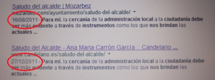 Captura de pantalla reflejando las fechas de publicación de los dos "saludos" comparados.