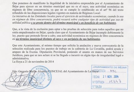 Escrito del Ayuntamiento de La Hoya al Ayuntamiento de Béjar