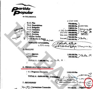 Documento con la posible financiación ilegal del PP de Salamanca