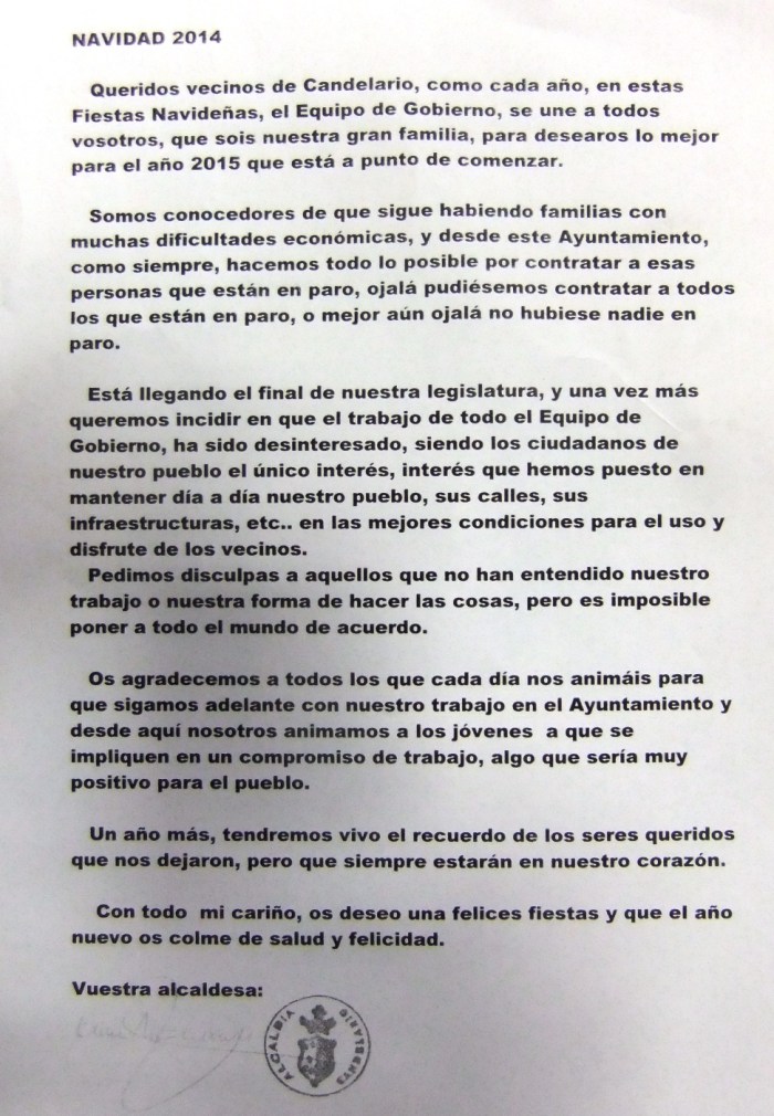 Felicitación de fiestas del Ayto de Candelario