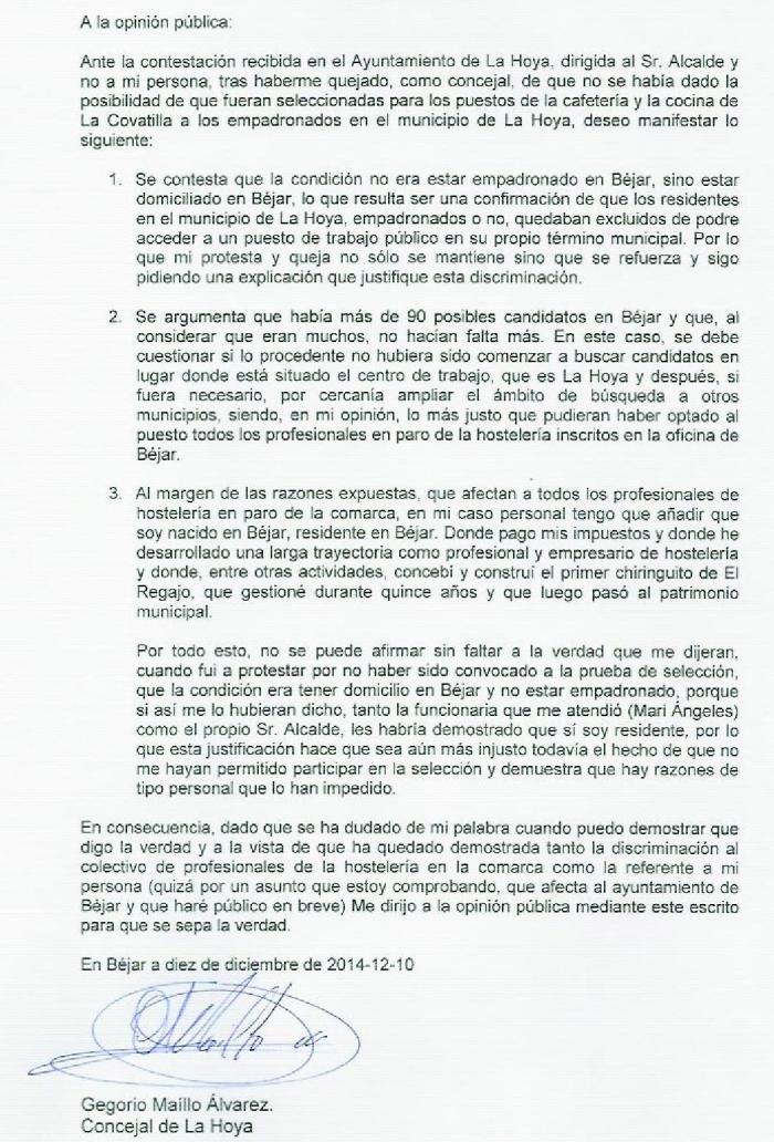 Carta de Gregorio Maíllo a la opinión pública. (Pincha en la imagen para ampliar)