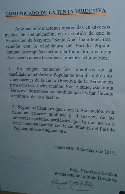 Comunicado Asociación de mayores Santa Ana