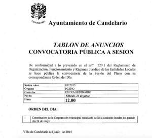 Convocatoria de pleno extraordinario para la toma de posesión de concejales. 